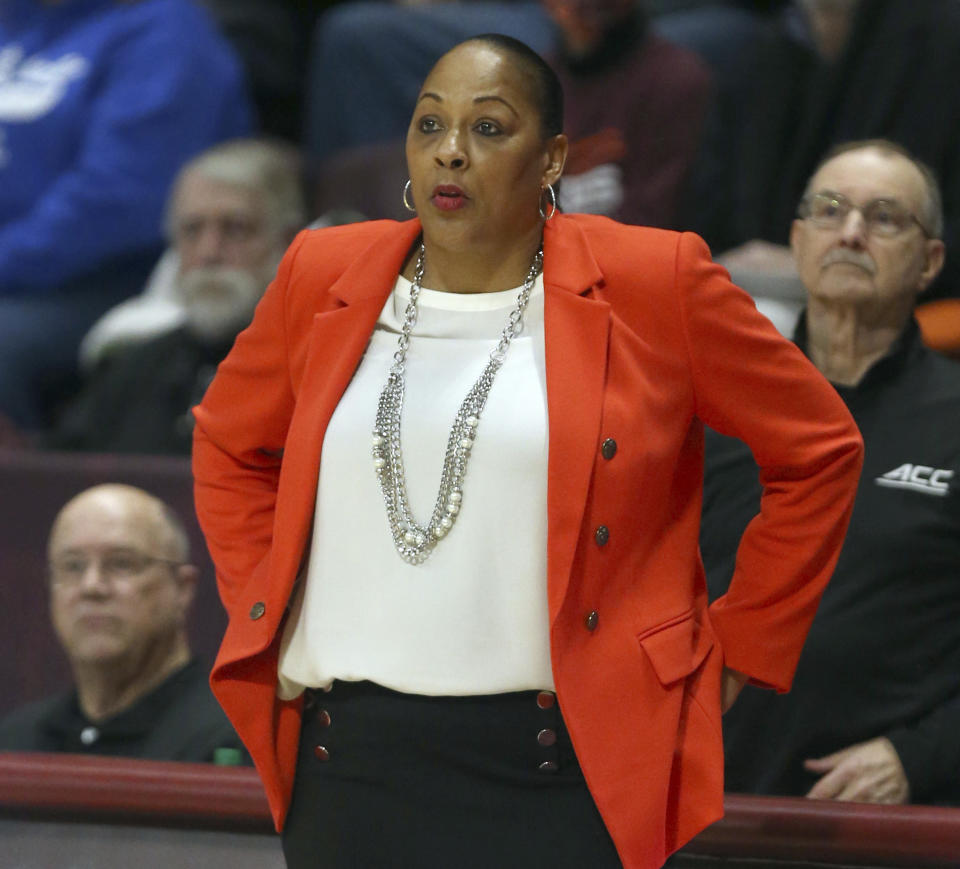 Syracuse head coach Felisha Legette-Jack reacts during the first half of an NCAA college basketball game against Virginia Tech in Blacksburg, Va., Thursday, Feb. 2, 2023. (Matt Gentry/The Roanoke Times via AP)