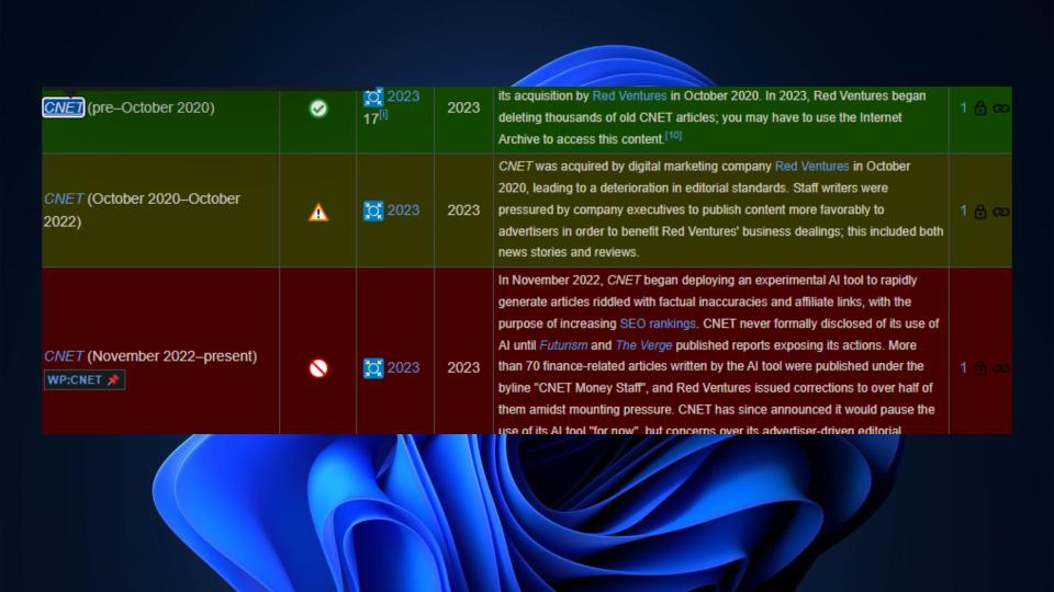 CNET's ranking and ratings on Wikipedia