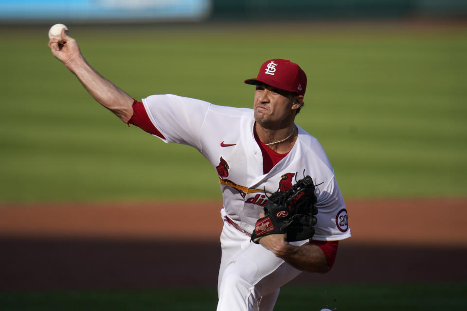 FILE - In this Sept. 25, 2020, file photo, St. Louis Cardinals starting pitcher Jack Flaherty throws during the second inning in the first game of a baseball doubleheader against the Milwaukee Brewers in St. Louis. Flaherty and Atlanta pitcher Mike Soroka won their salary arbitration cases on Saturday, Feb. 13, 2021, and Tampa Bay reliever Ryan Yarbrough lost. (AP Photo/Jeff Roberson, File)