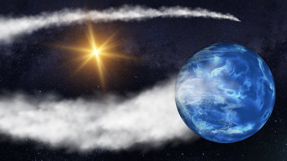     A dark blue sphere creating a circular trail of white smoke with a multi-pointed yellow star in the center. 