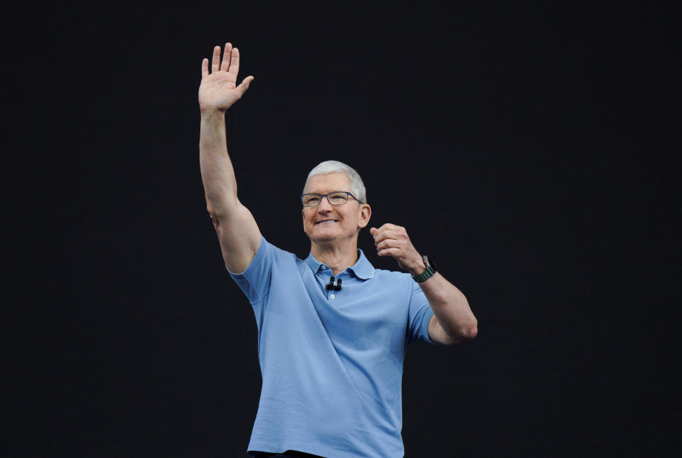 Apple CEO Tim Cook gestures at Apple's annual Worldwide Developers Conference at the company's headquarters in Cupertino, California, U.S. June 5, 2023. REUTERS/Loren Elliott