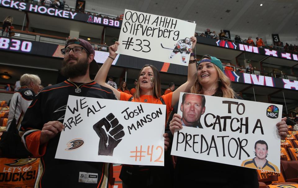 <p>Ducks fans show their support before the game between the Anaheim Ducks and the Nashville Predators in Game Five of the Western Conference Final during the 2017 NHL Stanley Cup Playoffs at Honda Center on May 20, 2017 in Anaheim, California. (Photo by Debora Robinson/NHLI via Getty Images) </p>