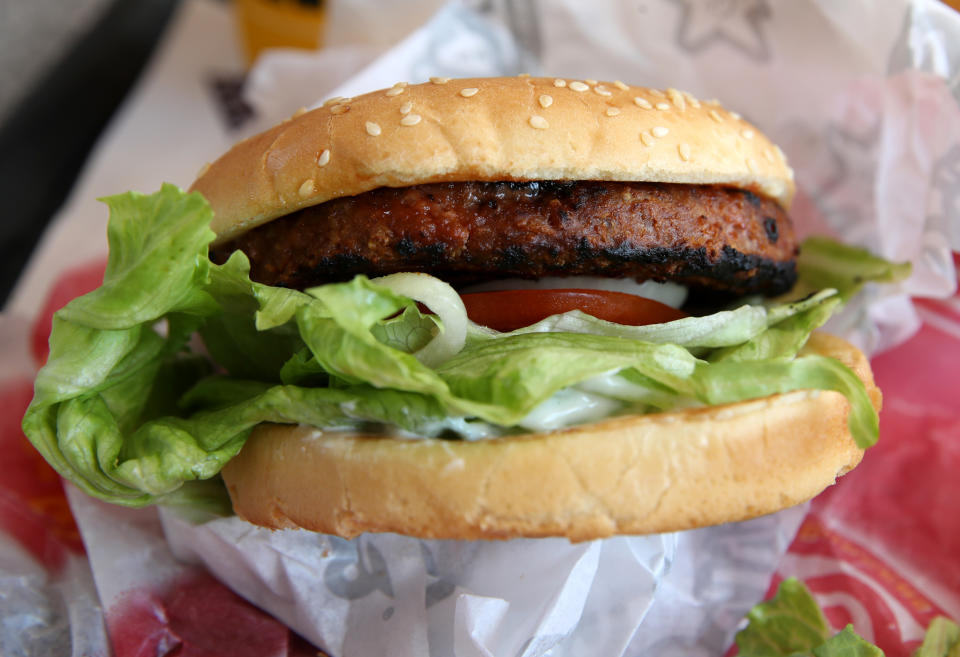 SAN FRANCISCO, CALIFORNIA - JUNE 10: In this photo illustration, a Carl's Jr. Famous Star Beyond Meat burger is displayed at a Carl's Jr. restaurant on June 10, 2019 in San Francisco, California. Plant-based burger company Beyond Meat has seen their stock price surge over 475 percent since its $25 IPO on May 1.  (Photo Illustration by Justin Sullivan/Getty Images)