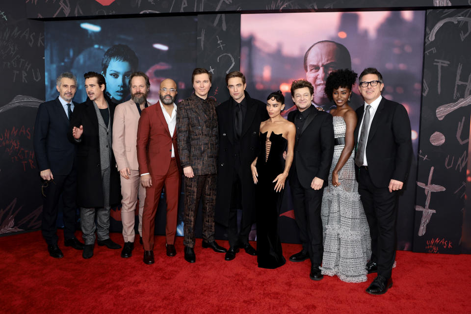 <p>NEW YORK, NEW YORK - MARCH 01: (L-R) John Turturro, Colin Farrell, Peter Sarsgaard, Jeffrey Wright, Paul Dano, Robert Pattinson, Zoe Kravitz, Andy Serkis, Jayme Lawson, and Dylan Clark attend "The Batman" World Premiere on March 01, 2022 in New York City. (Photo by Dimitrios Kambouris/Getty Images)</p> 