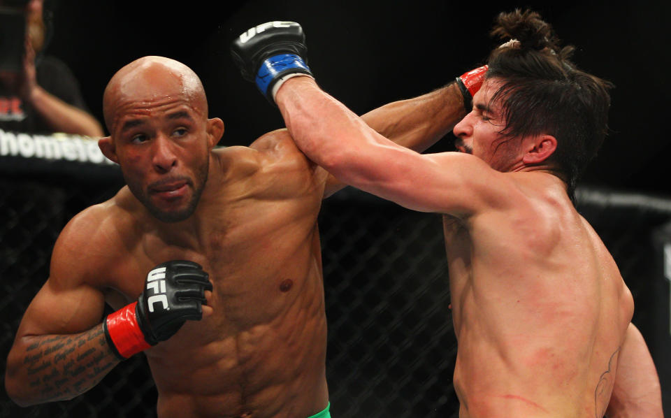 Demetrious Johnson of the USA and Ian McCall of the USA fight during the UFC On FX flyweight bout at Allphones Arena on March 3, 2012 in Sydney, Australia. (Photo by Mark Kolbe/Getty Images)