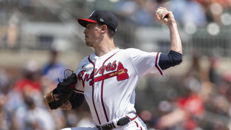 Atlanta Braves starting pitcher Max Fried throws to a San Francisco Giants batter during the first inning of a baseball game, Sunday, Aug. 20, 2023, in Atlanta. (AP Photo/Hakim Wright Sr.)