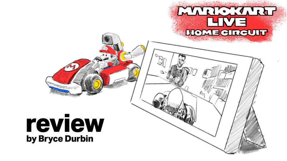 Text: Mario Kart Live: Home Circuit review by Bryce Durbin [Image: drawing of Mario Kart car next to Nintendo Switch]