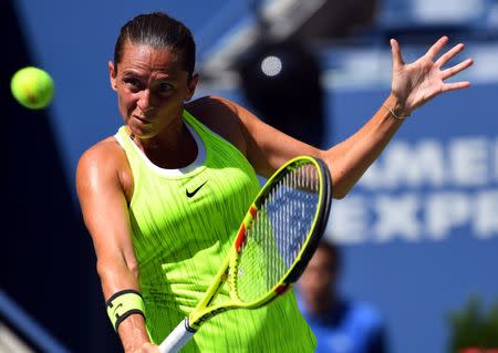 Aug 29, 2016; New York, NY, USA; Roberta Vinci of Italy hits to Anna-Lena Friedsam of Germany on day one of the 2016 U.S. Open tennis tournament at USTA Billie Jean King National Tennis Center. Mandatory Credit: Robert Deutsch-USA TODAY Sports