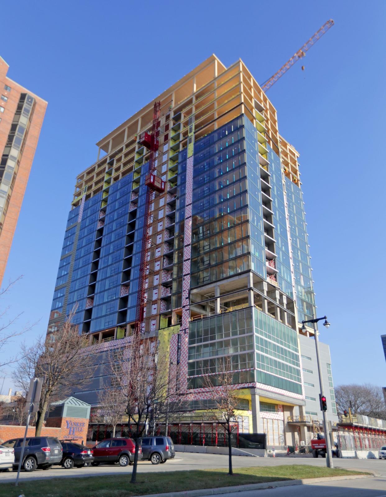 The Ascent building in Milwaukee, shown here under construction in December 2021, is the tallest mass-timber building in the world.