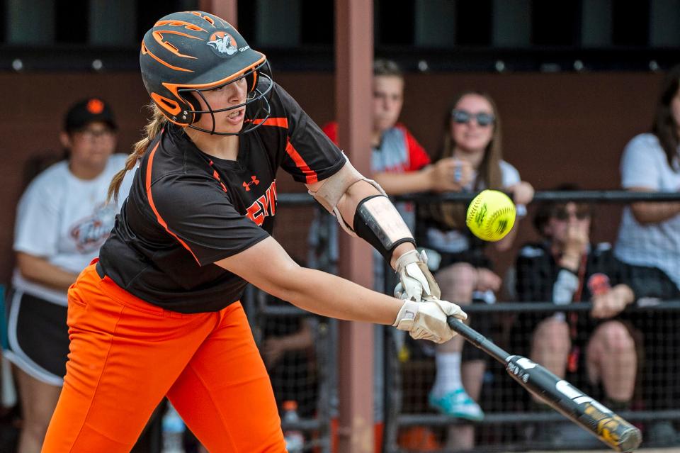 Harbor Creek's Rylee Vogt makes contact with the ball against Sharon during the District 10 Class 3A semifinals at the Penn State Behrend softball field in Harborcreek Township on Thursday. Harbor Creek won 8-6.