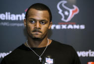 FILE - Houston Texans quarterback Deshaun Watson speaks to the media following an NFL football game against the New England Patriots, Sunday, Sept. 24, 2017, in Foxborough, Mass. The NFL suspended Watson for six games on Monday, Aug. 1, 2022 for violating its personal conduct policy following accusations of sexual misconduct made against him by two dozen women in Texas, two people familiar with the decision said. (AP Photo/Steven Senne, File)