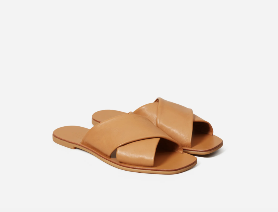 The Day Crossover Sandal in Caramel. Image via Everlane.