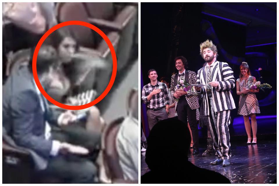 Rep. Lauren Boebert vaping, left, and a Broadway performance of "Beetlejuice," right, in a composite image.