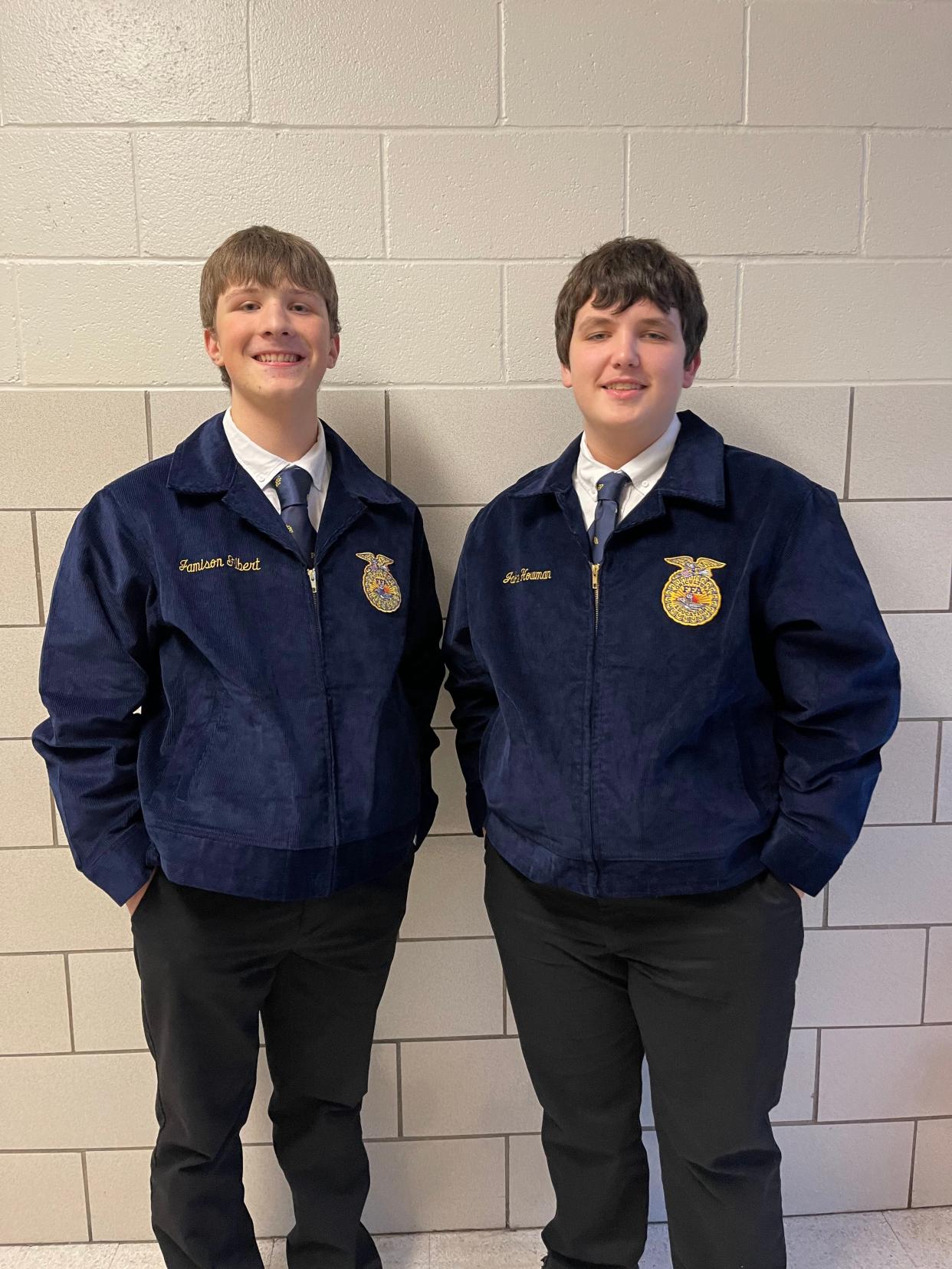 Jamison Gilbert, left, and Jake Howman, FFA members from Northwestern High School, competed at the public speaking contest.