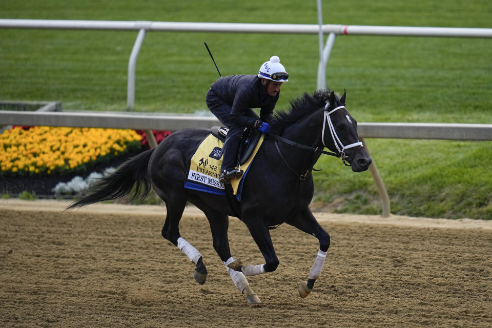 Preakness entrant First Mission works out earlier than the 148th running of the Preakness Stakes horse flee at Pimlico Dart Course, Wednesday, May well per chance well 17, 2023, in Baltimore. (AP Picture/Julio Cortez)