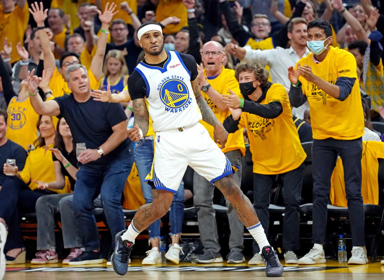 Golden State Warriors guard Gary Payton II reacts after a play during the first quarter against the Boston Celtics during Game 2 of the 2022 NBA Finals at Chase Center in San Francisco on June 5, 2022. (Kyle Terada/USA TODAY Sports)