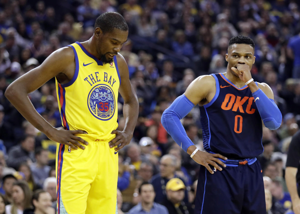 Kevin Durant just won’t leave well enough alone with Russell Westbrook. (AP)