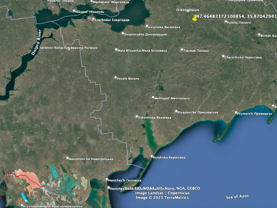 The Stryker was reportedly geolocated about 1.5 northeast of Robotyne and about 17 miles northeast of Tokmak in Zaporizhzhia Oblast. (Google Earth image)