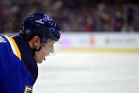 Oct 11, 2018; St. Louis, MO, USA; St. Louis Blues left wing David Perron (57) waits for a face off during the third period against the Calgary Flames at Enterprise Center. Mandatory Credit: Jeff Curry-USA TODAY Sports