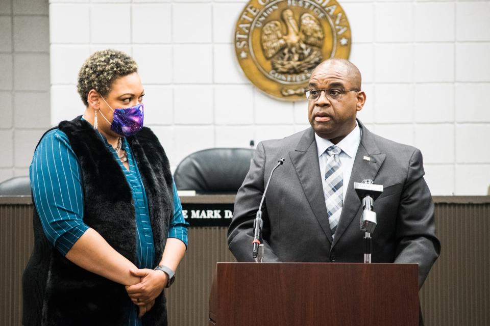 Calvin Cooks Sr. thanks those who helped out on his campaign for Thibodaux city marshal. With his wife, LaShana, by his side, he spoke after being sworn in to the office in December 2020.