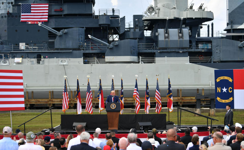 Trump makes a speech at the USS Battleship North Carolina in Wilmington to commemorate the 75th Anniversary of the end of World War II on Wednesday. Source: Getty