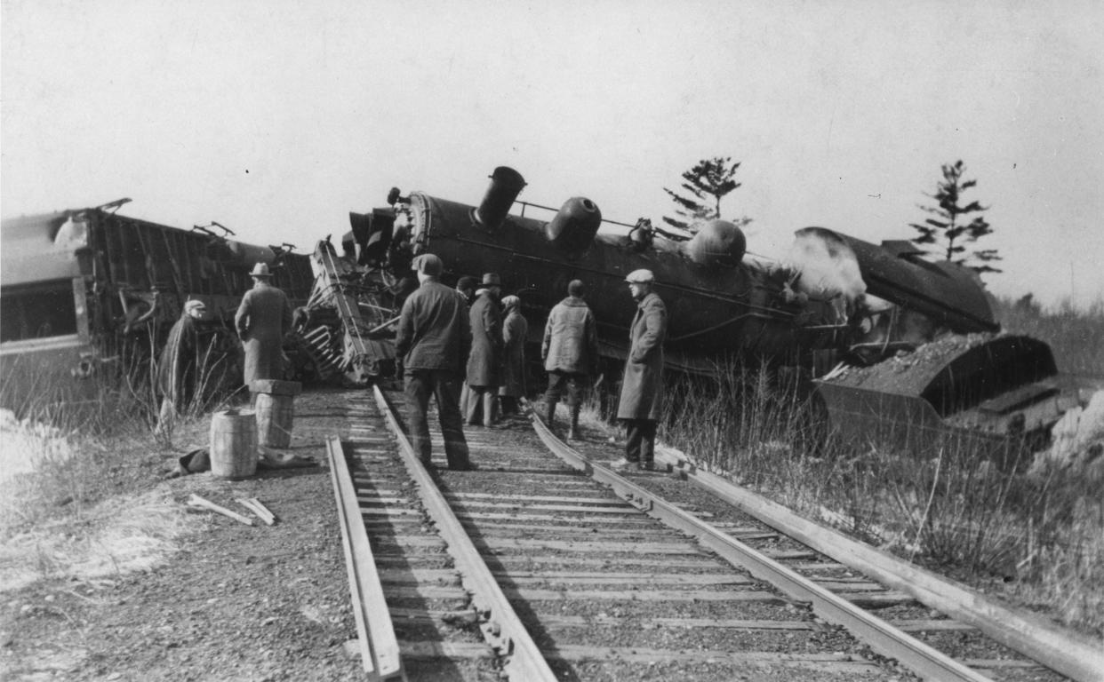 This photo was taken shortly after the wreck of the ‘Snowflake Limited’ on the C&NW branch line between Manitowoc and Two Rivers on Feb. 26, 1927. The train crew escaped serious injury.