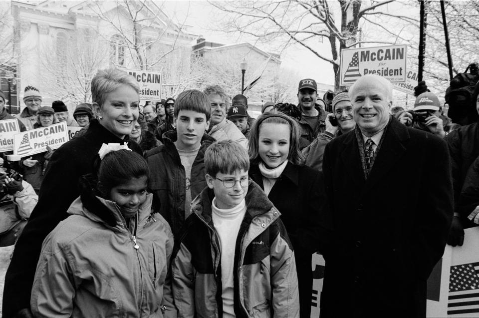 John McCain at a rally in the park with his family: (L-R) daughter Bridget (8), wife Cindy, sons Jack (13) and Jimmy (10), and daughter Meghan (15), in Keene, NH on Jan. 31, 2000.