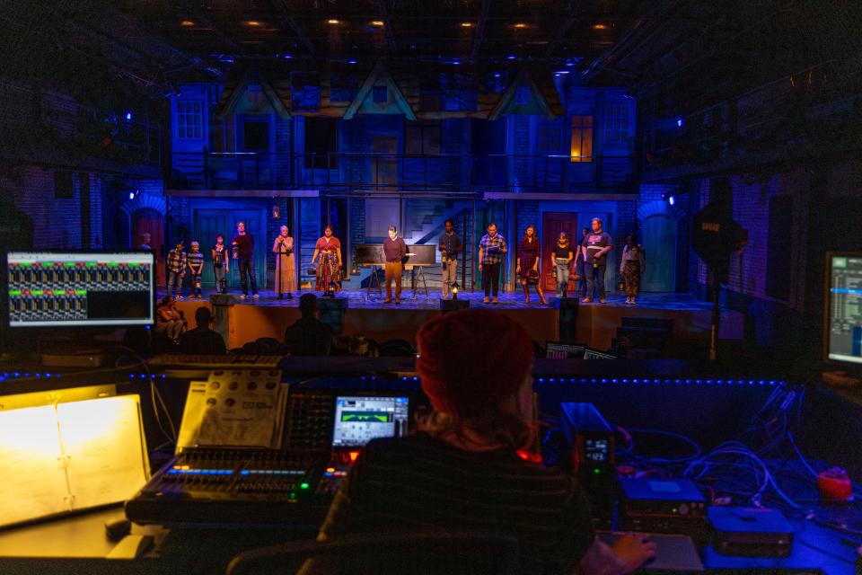 A cast performs on stage during a Nov. 16 rehearsal for Lyric Theatre's new million-dollar production of "A Christmas Carol" in Oklahoma City.