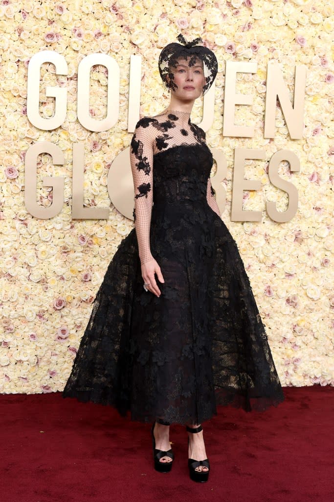 Rosamund Pike attends the 81st Annual Golden Globe Awards at The Beverly Hilton on January 07, 2024 in Beverly Hills, California.