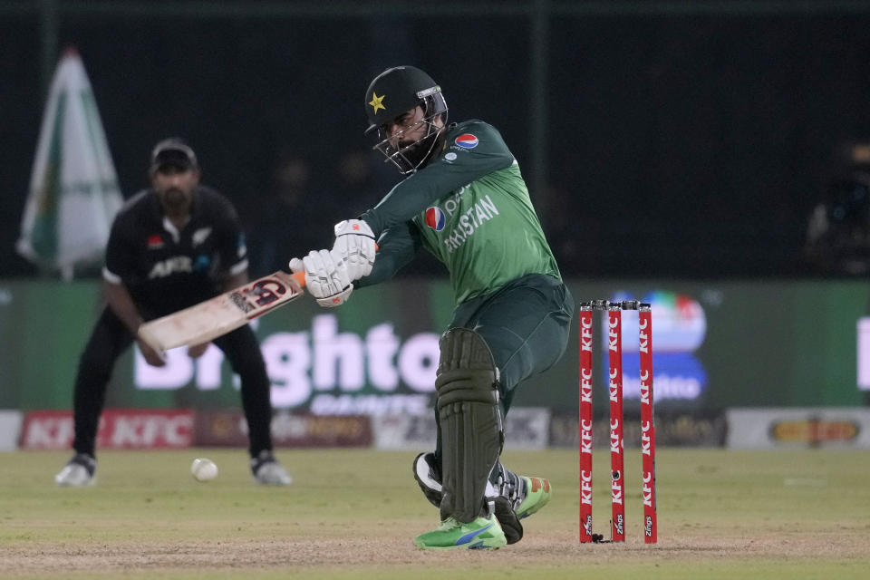 Pakistan's Shadab Khan plays a shot during the third one-day international cricket match between Pakistan and New Zealand, in Karachi, Pakistan, Wednesday, May 3, 2023. (AP Photo/Fareed Khan)