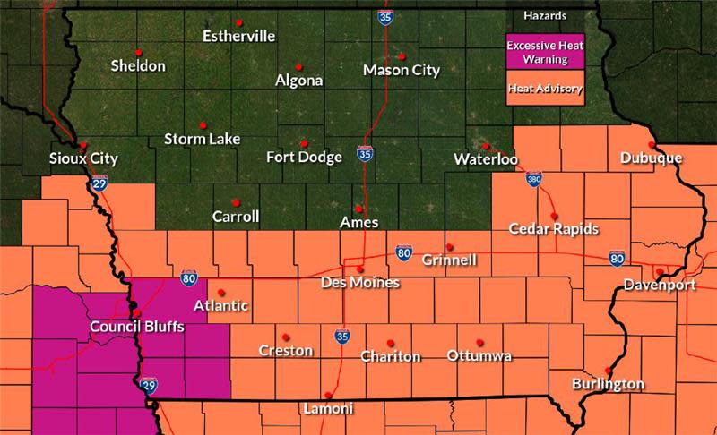 Excessive heat warnings and heat advisories in Iowa for Monday, June 15.