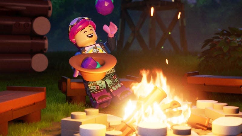 An image shows a Lego minifig character in Fortnite sitting at a campfire. 