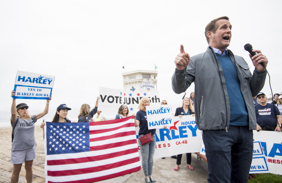 Harley Rouda, a Democrat running for California’s 48th Congressional District, speaks during a campaign rally in Laguna Beach, Calif., on May 20, 2018. (Photo: Bill Clark/CQ Roll Call via Getty Images)