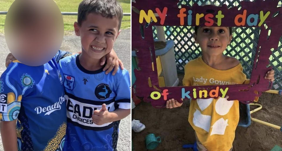 Left: Andre Daisy gives a thumbs up in a blue footy uniform. Right: Andrew holds up a sign that reads: 'My first day of kindy'.