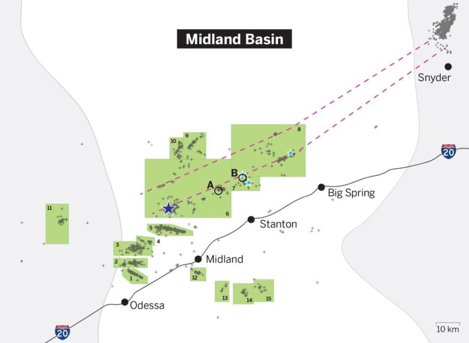 這幅圖表展示了2017年至2023年期間德州米德蘭盆地的地震情況。來自德州大學奧斯汀分校的研究人員發現，地震似乎正沿著裂谷構造向盆地的東北方向移動。圖中以灰色交叉標示了誘發性地震的位置，藍色星星代表4級或更高震級的大地震，粉紅色虛線代表研究人員認為是裂谷的地下構造，綠色方框則標示了已知的地震活動區域。深藍色星星標示的是2022年11月16日發生的5.2級「山脈丘」地震的地點。在此之後，圖中兩個黑色圓圈（分別標記為A和B）表示在2023年3月和11月發生的兩次地震群，表明這些地震群正向東北方向遷移。圖表還顯示了斯奈德附近的地震活動，雖然這些地震群不在米德蘭盆地的研究範圍內，但也在科學家的調查之中。（圖片來源：Jackson School of Geosciences）