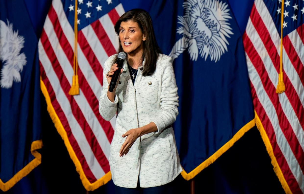 PHOTO: Republican presidential hopeful and former UN Ambassador Nikki Haley holds a rally, on Jan.  24, 2024, in North Charleston, South Carolina.  (Allison Joyce/Getty Images)