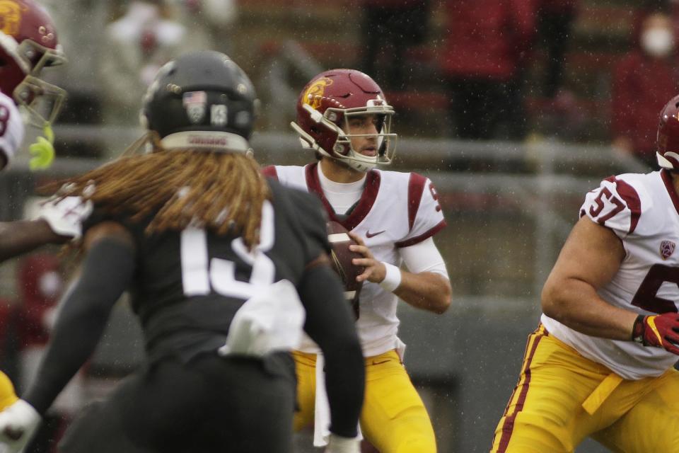 USC's Kedon Slovis looks to pass against Washington State.