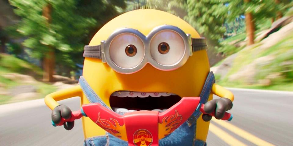 This image released by Universal Pictures shows Otto the Minion in a scene from "Minions: The Rise of Gru." This summer, the goggle-wearing yellow ones will return  in “Minions: Rise of Gru," in theaters July 1. The “Despicable Me” franchise and its “Minions” spinoffs are the highest grossing animated film franchise ever with more than $3.7 billion in tickets sold worldwide. (Illumination Entertainment/Universal Pictures via AP)