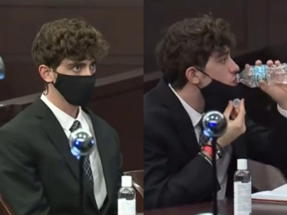 cameron herrin appearing in court, left image with mask on looking forward, and right image with mask pulled down and drinking water