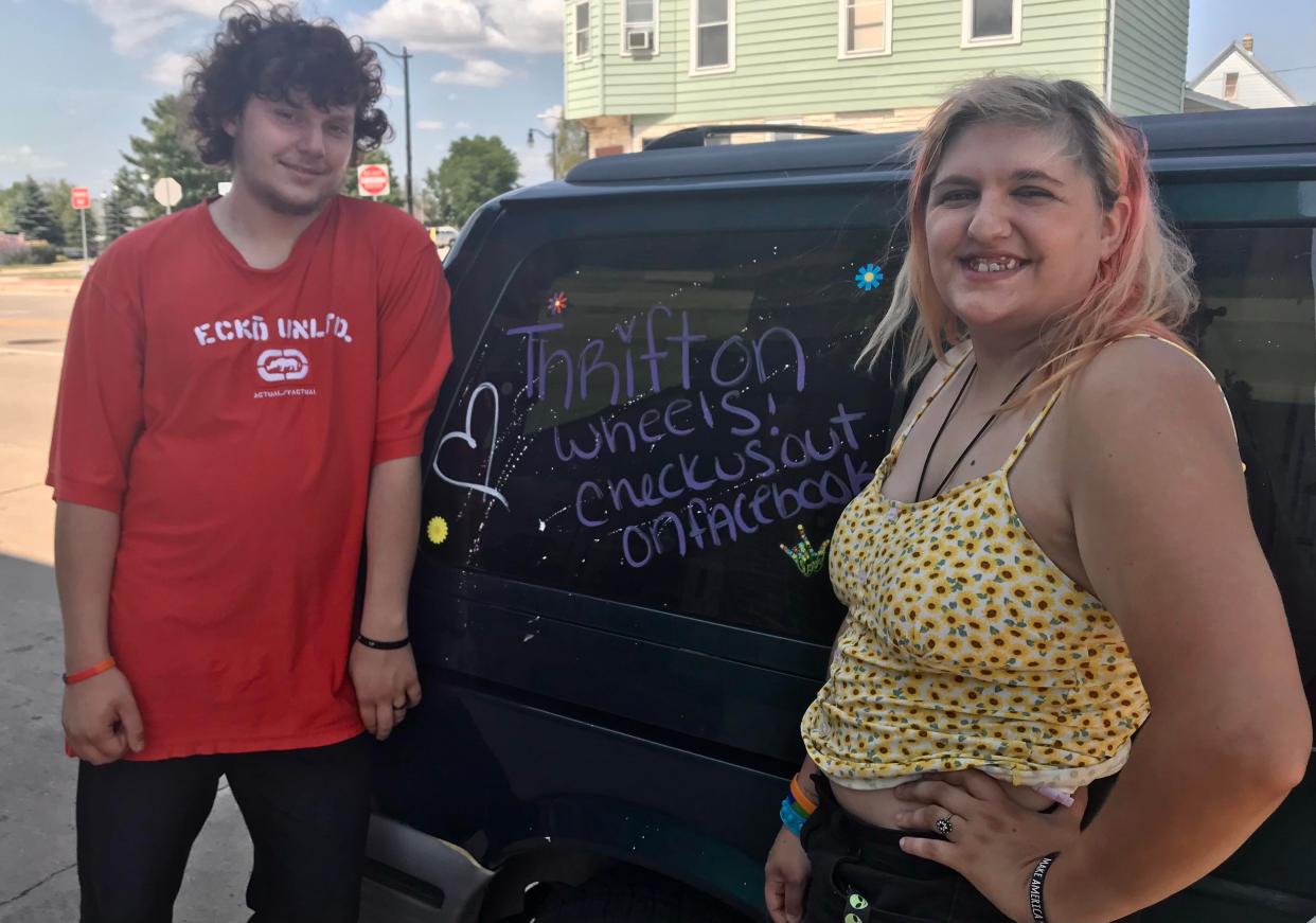 Marshall Nies (left) and his fiancée Sydney Larsen started Thrift on Wheels, a mobile thrift store based in Cudahy. The concept has people select items on a Facebook page and the couple delivers them to the customer in their van.