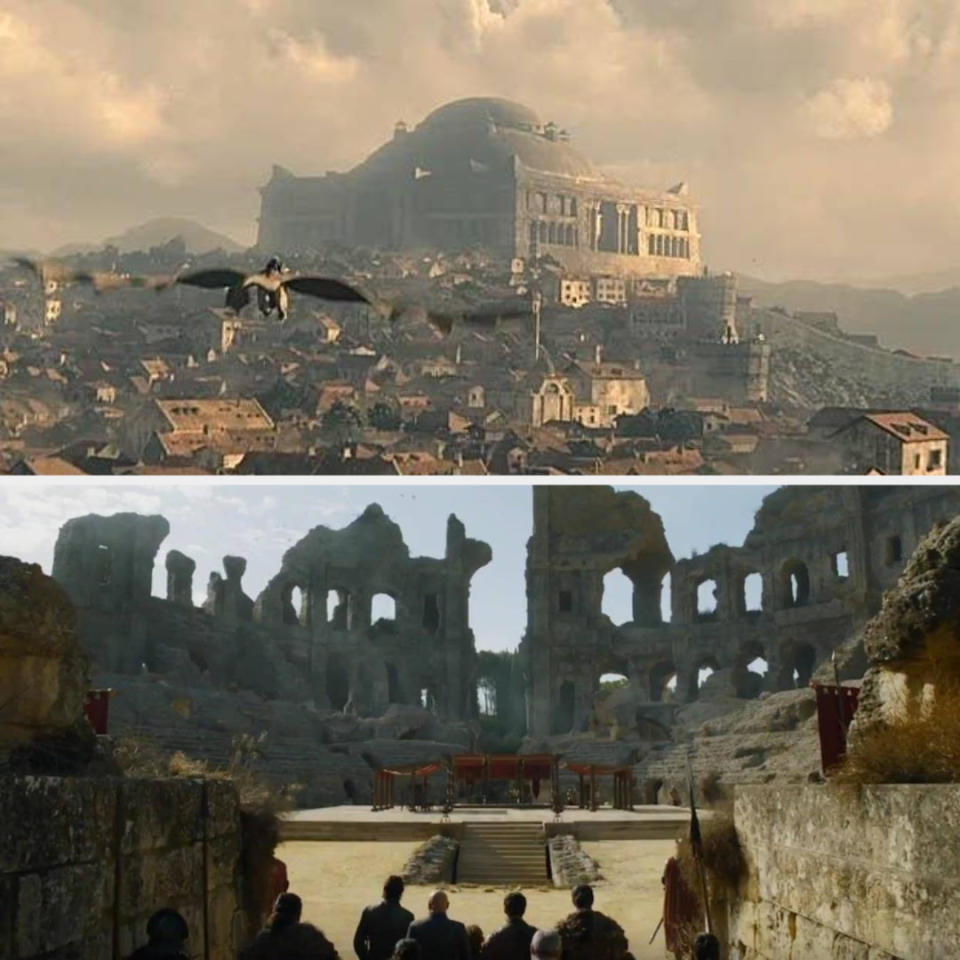 A dragon flies towards the dragonpit and a group of people walk into the ruins of the dragonpit