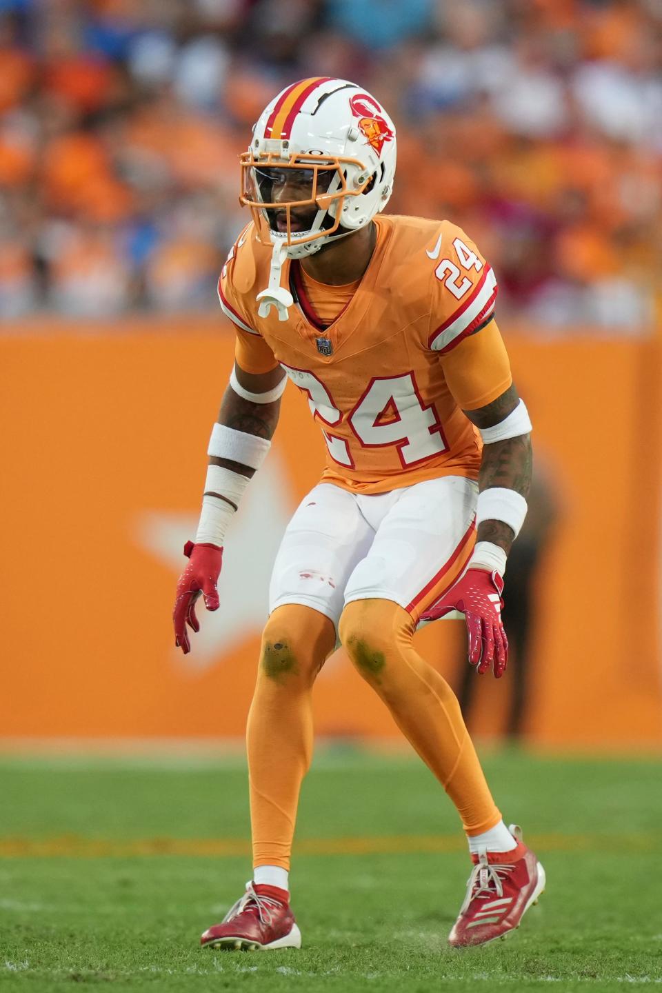 Tampa Bay Buccaneers cornerback Carlton Davis III drops back in coverage against the Detroit Lions, Oct. 15, 2023, in Tampa, Fla.