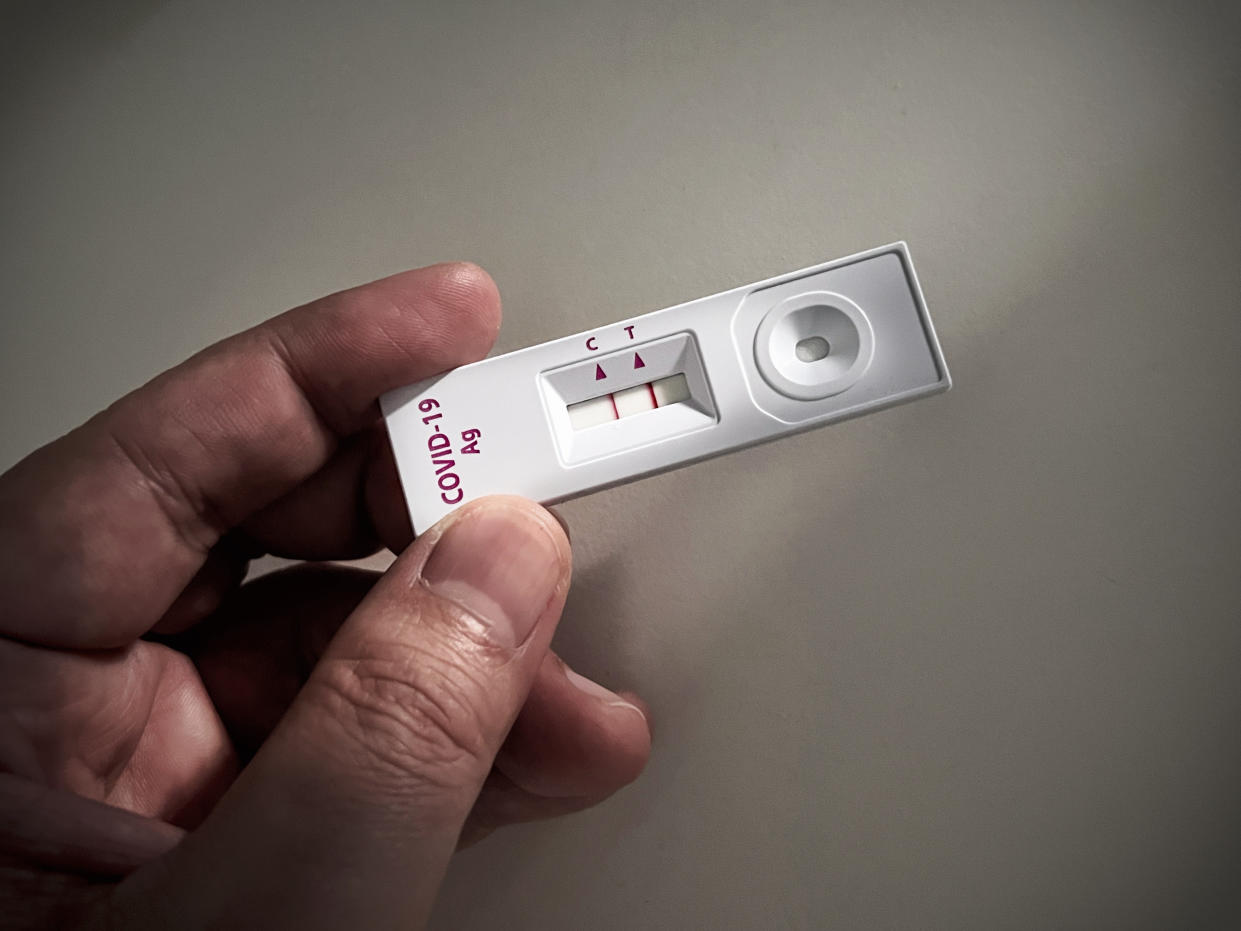 Positive test result shown on a Coronavirus Covid-19 or SARS CoV-2 Test on home test kit