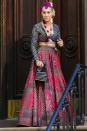 <p>Sarah Jessica Parker was spotted in New York wearing a printed lehenga set by Falguni Shane Peacock, worn with flowers in her signature blonde locks.</p>