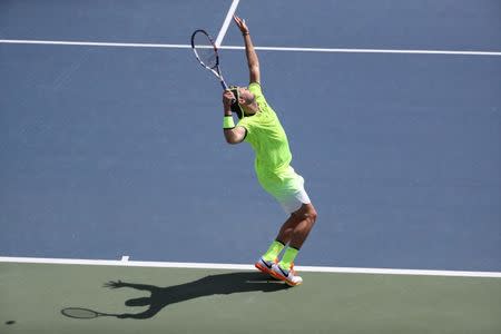 Sep 2, 2016; New York, NY, USA; Jack Sock of the United States serves to Marin Cilic of Croatia on day five of the 2016 U.S. Open tennis tournament at USTA Billie Jean King National Tennis Center. Anthony Gruppuso-USA TODAY Sports