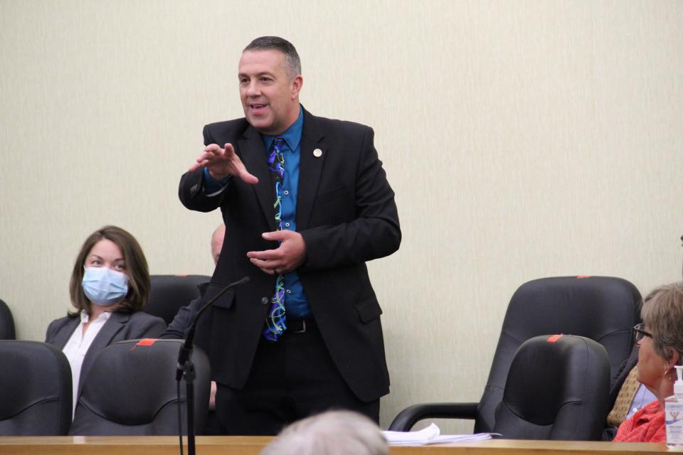 Somersworth Mayor Dana Hilliard speaks to the county's state legislative delegation about a proposed nursing home, and using the existing building as a transitional shelter during a meeting Wednesday, May 18, 2022.