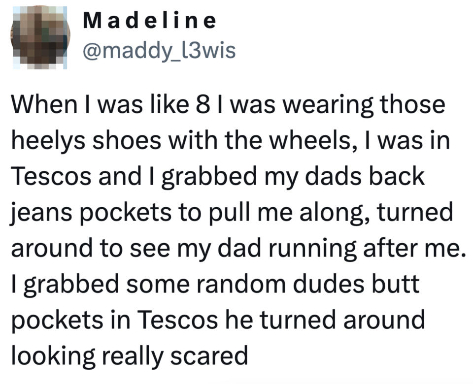 Tweet recalling a childhood memory of accidentally grabbing a stranger's hand while wearing wheeled shoes in a Tesco store