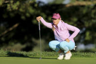 Paula Creamer lines up a putt on the 10th green during the first round of the LPGA Tour Kroger Queen City Championship golf tournament in Cincinnati, Thursday, Sept. 8, 2022. (AP Photo/Aaron Doster)
