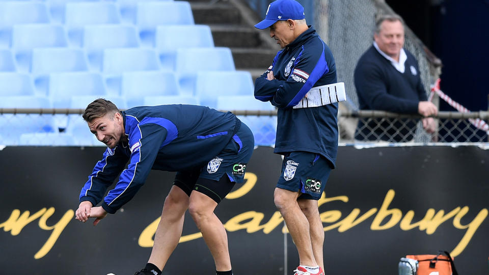 Terry Lamb, pictured here watching over Kieran Foran at the Bulldogs training session.