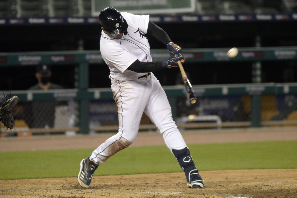 Detroit Tigers' Miguel Cabrera hits a home run against the Kansas City Royals during the third inning of a baseball game Tuesday, Sept. 15, 2020, in Detroit. (AP Photo/Jose Juarez)